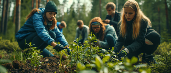 Group of young north european people planting trees. - obrazy, fototapety, plakaty