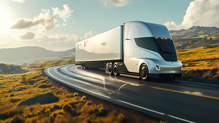futuristic semi-truck used for delivering packages driving on a back country road
