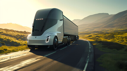 futuristic semi-truck used for delivering packages driving on a back country road