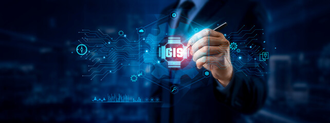 GIS Concept. Businessman Pointing to Geographic Information System (GIS) Icon and Data for Global...