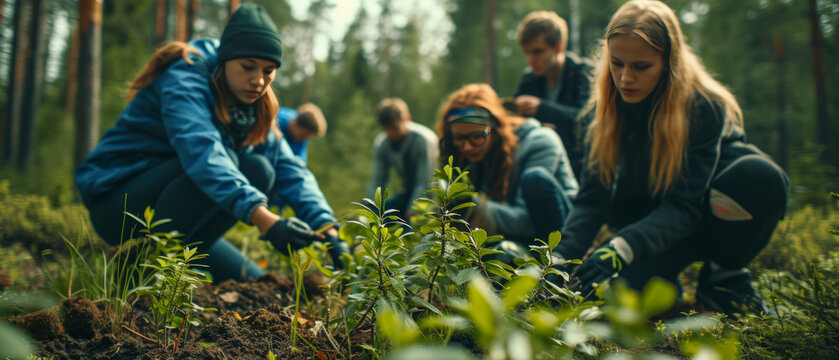Group of young north european people planting trees.