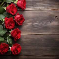 Beautiful Red Rose Flowers Over Rustic Wood Background.
