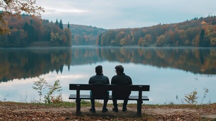 cute couple sitting in front of a beautiful lake in a park 4k