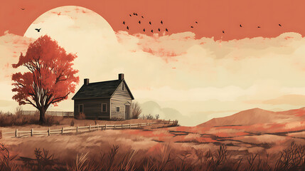 Farmhouse vintage rustic illustration background - obrazy, fototapety, plakaty