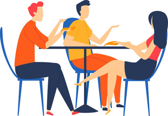 Three young adults converse at a round table, casual meeting. Two men and one woman discussing, colorful clothing, simple style. Discussion, teamwork, meeting vector illustration.