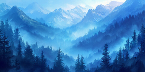 a mountain landscape with shades of blue, creating a serene and majestic atmosphere