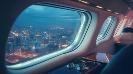 Gaze out the private jet window and take in the breathtaking panorama of buildings and lights while enjoying the tingedge entertainment system, providing the ultimate inflight experience.