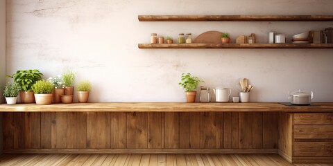 Wooden desk with kitchen background