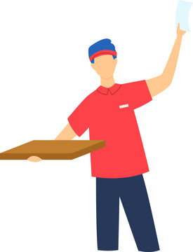 Delivery man in red uniform holding pizza box and waving document. Courier delivering food with order receipt vector illustration.