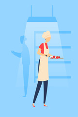 Woman chef in apron prepares food in kitchen. Female cook with vegetables on tray. Culinary and gastronomy vector illustration.