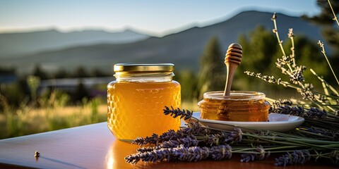 Lavender honey and honeycombs in a jar, scoop, and bowl on a wooden table, with a scenic mountain landscape and lavender field in the background, showcasing bee products. - obrazy, fototapety, plakaty