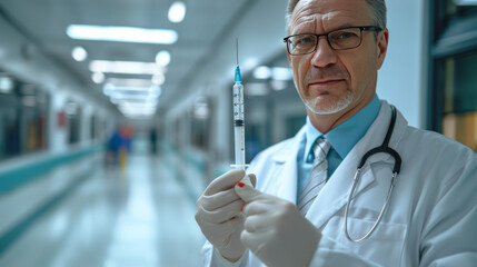 The doctor is preparing to give an injection to the patient. Syringe close-up. - obrazy, fototapety, plakaty