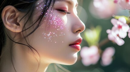 A profile shot of a woman with a serene expression, her lips lightly glossed with pink and her cheek adorned with a small cherry blossom design made out of sparkles.