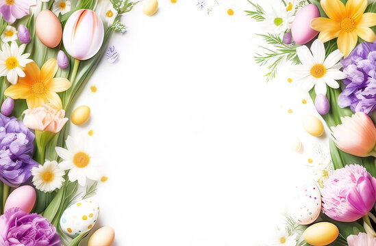 easter watercolor banner or postcard with empty space for text, made of easter eggs and flowers, pastel colours