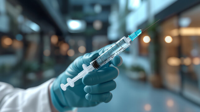 The doctor is preparing to give an injection to the patient. Syringe close-up.