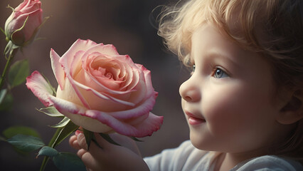 A young child with rosy cheeks and a bright smile holds out a delicate rose to a majestic allion, their eyes meeting in a moment of pure innocence and wonder.