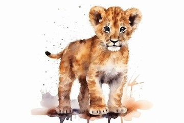 Watercolor isolated lion cub on white background. Generative AI