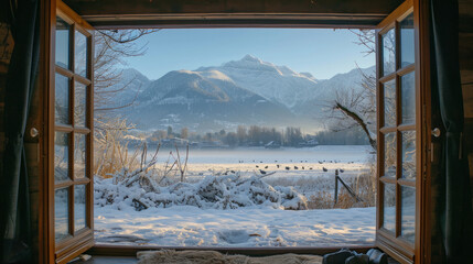 Fototapeta premium An open window in winter overlooking the winter landscape.