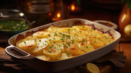 A tasteful composition showcasing a bakedtoperfection portion of scalloped potatoes, served piping hot and b with creamy goodness as the sauce coats each slice of potato, making it a tempting