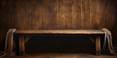 Old-fashioned backdrop featuring an empty timbered tabletop and cloth cover.