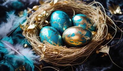Fototapeta na wymiar A nest filled with gold and turquoise patterned Easter eggs, surrounded by dry golden leaves.