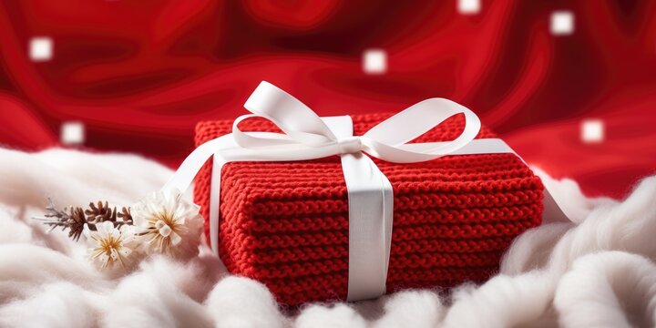 Red and white string on woolen blanket wraps gift box.