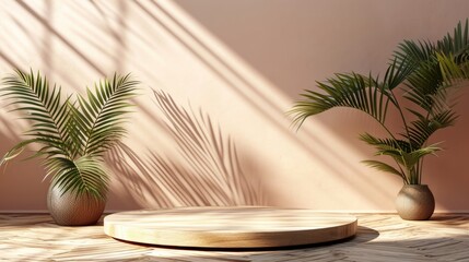 Obraz premium Pedestal or stage pedestal platform for the product. for product presentation with a shadow of tropical palm leaves and light. Empty round podium, mockup.