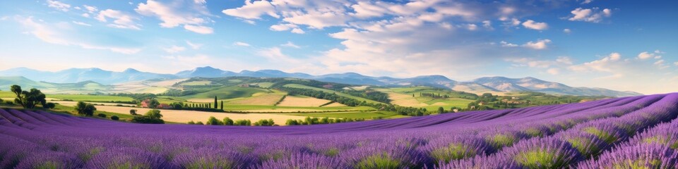 Fototapeta premium Rolling hills of lavender fields in full bloom, creating a stunning panorama of color under the midday sun