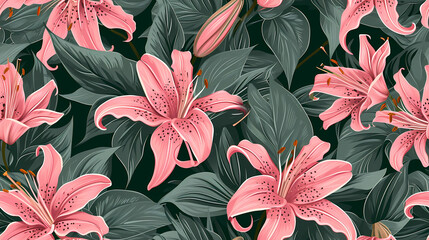 Pink Lilies with a Dark Green and Silver Background seamless pattern