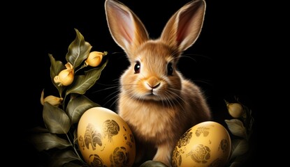 Bunny with golden Easter eggs on black background