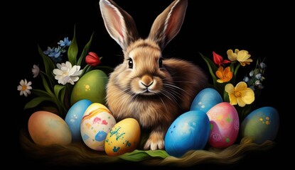 Bunny surrounded by Easter eggs and spring flowers on a dark background