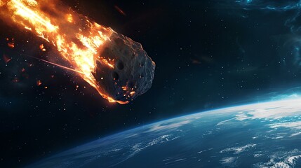 meteorite falling, a huge gigantic burning asteroid in space flyng towards the planet earth. collides with surface. wallpaper. generative AI