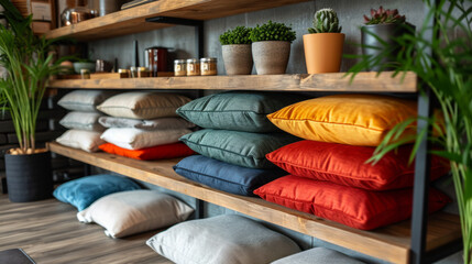Obraz na płótnie Canvas Shop selling pillows. Showcase with pillows