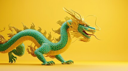 Green Chinese Dragon on Yellow Background