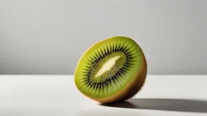 Freshly Cut Half of a Kiwi Fruit Showcasing Bright Green Flesh, Small Black Seeds, and Central White Core Against a Light Grey Background