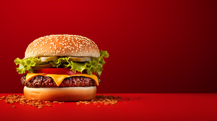 burger on red background with copy text space