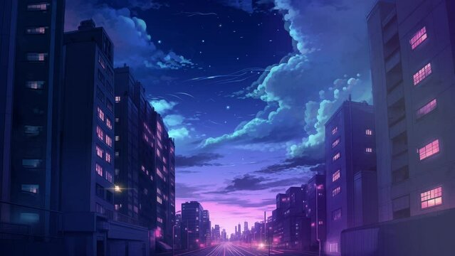Animated illustration of a highway in the middle of the city, at night with the lights on and a cool atmosphere. The illustration of a quiet street is suitable for depicting the night atmosphere. back