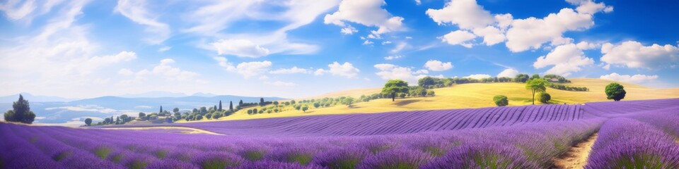 Rolling hills of lavender fields in full bloom,  creating a stunning panorama of color under the...