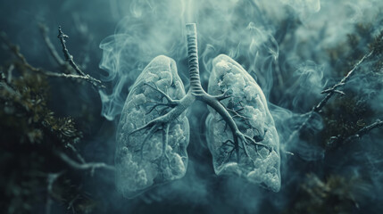 A person's lungs become smoking after many years. The effect of cigarettes on the lungs. - obrazy, fototapety, plakaty