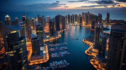 beautiful scene of Dubai with general view of Dubai marina at twilight from the top - obrazy, fototapety, plakaty
