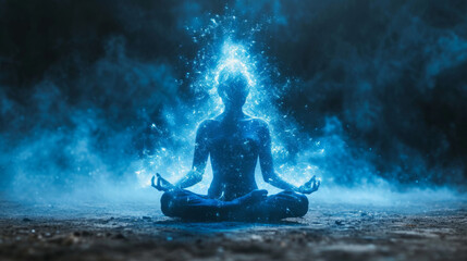 Obraz premium Meditation against the backdrop of space. Opening the chakra and restoring the soul.