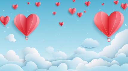 Paper hearts, clouds, flying hot air balloon