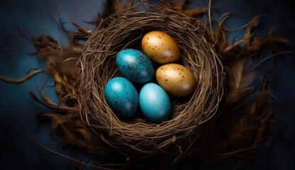 Nest with blue Easter eggs and gold spots