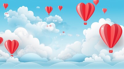 Paper hearts, clouds, flying hot air balloon