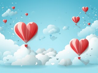 Paper hearts, clouds, flying hot air balloon