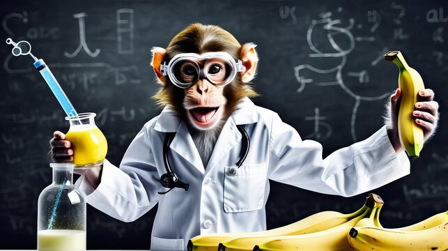 Humorous Monkey Scientist Conducting Banana Experiment in Lab with Chalkboard Formulas