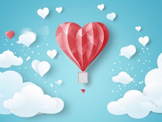 Paper hearts, clouds, flying hot air balloon