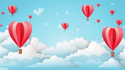 Paper hearts, clouds, flying hot air balloon