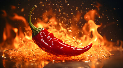 Hot spicy chilli pepper with flames