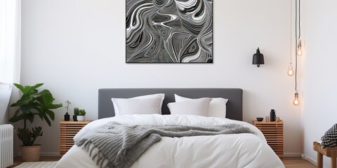 Patterned blanket on top of bed with black and white poster in vibrant bedroom, illuminated by a lamp.